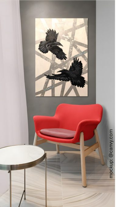 Hugin & Munin stilvolles Wohnzimmer mit einem Acrylgemälde an der Wand