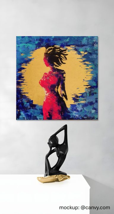 Sun Echo stilvolles Wohnzimmer mit einem abstrakten Acrylgemälde an der Wand