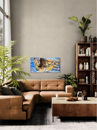 Unbound stilvolles Wohnzimmer mit einem abstrakten Acrylgemälde an der Wand