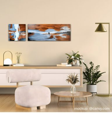 The Way stilvolles Wohnzimmer mit einem abstrakten Acrylgemälde an der Wand, bestehend aus zwei Einzelwerke
