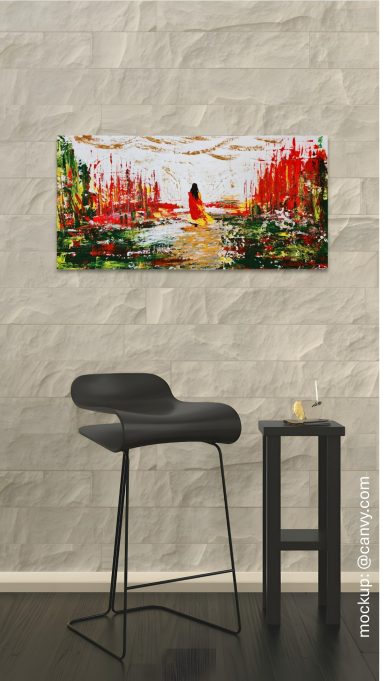 Pilgrim stilvolles Wohnzimmer mit einem abstrakten Acrylgemälde an der Wand