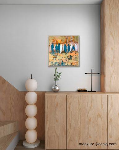Us, Connected stilvolles Wohnzimmer mit einem abstrakten Acrylgemälde an der Wand