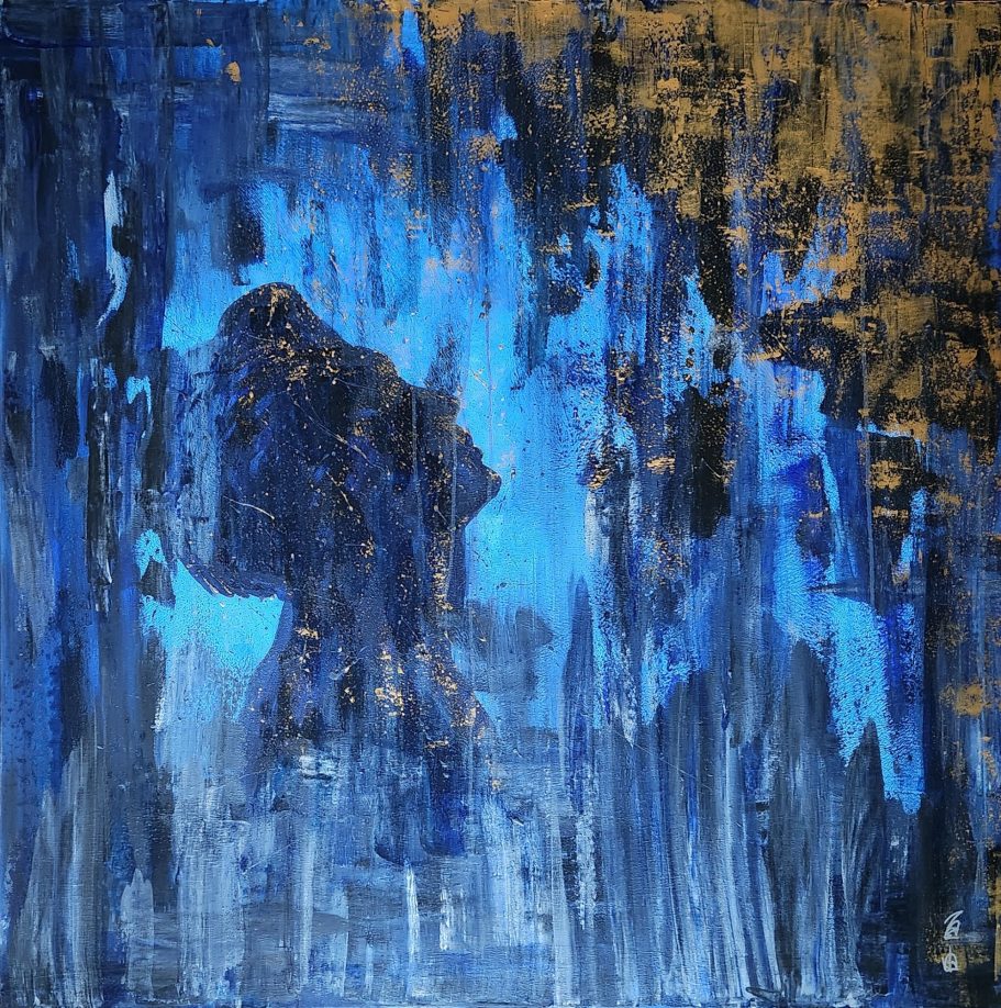 Light Remains Abstrakte Landschaft in blau und gold, mit dynamischen Pinselstrichen und Texturen.