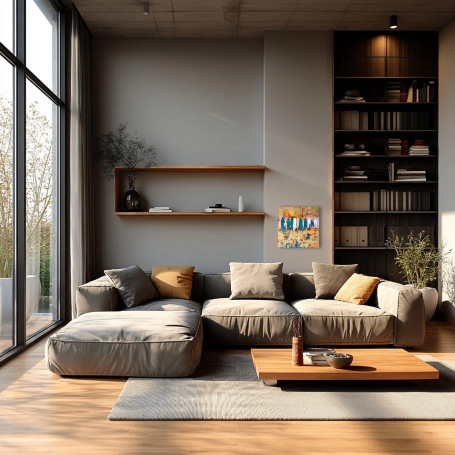 Heller Wohnraum mit grauem Sofa, Holztisch und Regalen voller Bücher. Schlichte, moderne Einrichtung.