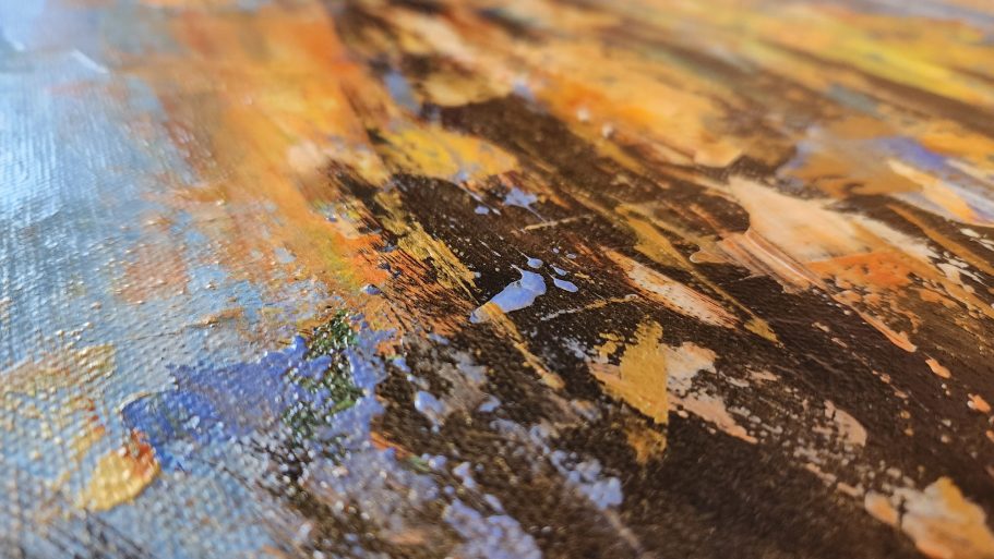 Unbound Abstraktes Acrylgemälde Unbound mit weiblicher Silhouette in Blau, Gold & Orange, symbolisiert innere Freiheit, Energie & emotionale Stärke