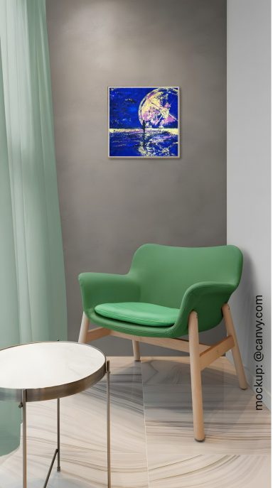 True North stilvolles Wohnzimmer mit einem abstrakten Acrylgemälde an der Wand