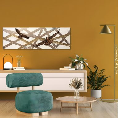 Wings of Tomorrow stilvolles Wohnzimmer mit einem abstrakten Acrylgemälde an der Wand
