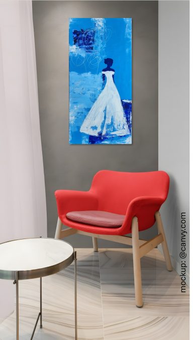 Becoming stilvolles Wohnzimmer mit einem abstrakten Acrylgemälde an der Wand