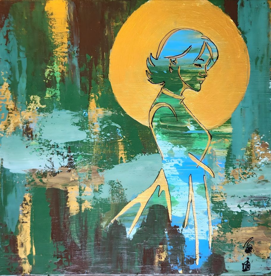 Inner Sun Abstrakte Darstellung einer Frauensilhouette vor einem leuchtenden Hintergrund.