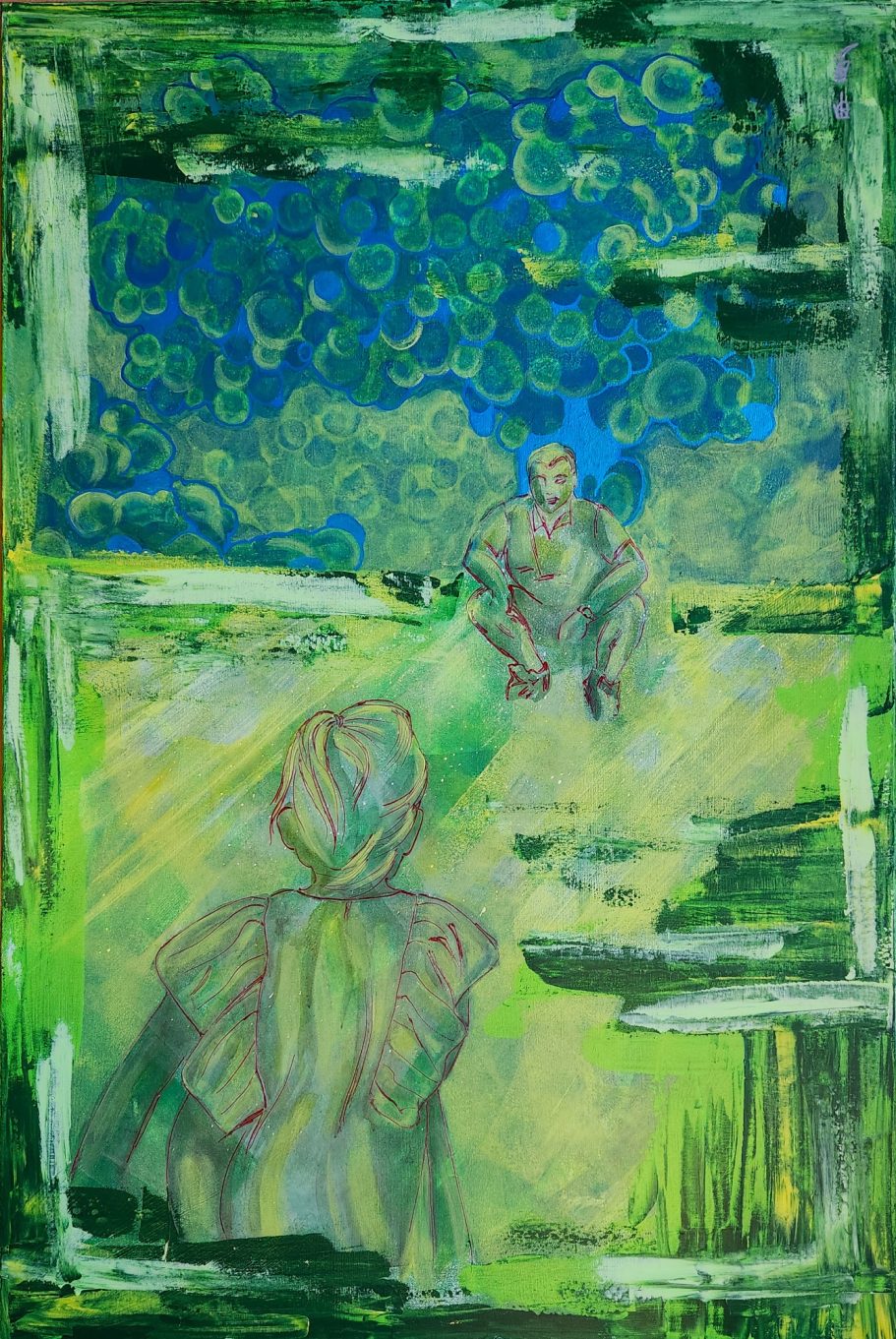 Heartbeat of Connection Abstrakte Szene mit zwei Figuren in einem grünen Landschaftssetting unter blauem Himmel.