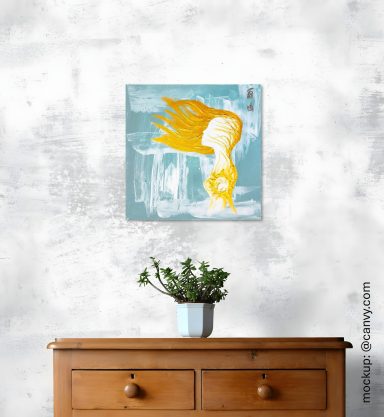 Awakening stilvolles Wohnzimmer mit einem abstrakten Acrylgemälde an der Wand