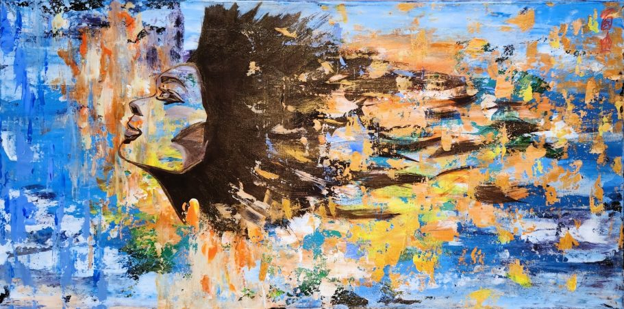 Unbound Abstraktes Acrylgemälde „Unbound“ mit weiblicher Silhouette in Blau, Gold und Orange, symbolisiert innere Stärke, Freiheit und Energie.