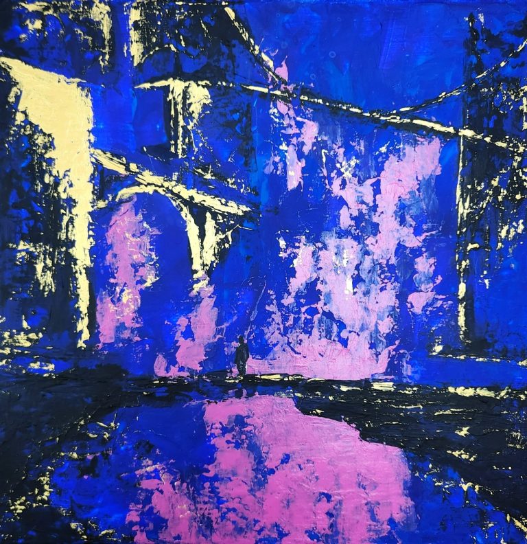 Crossing Between Abstraktes Gemälde mit leuchtenden blauen und magenta Tönen, das eine Welt aus Brücken darstellt.