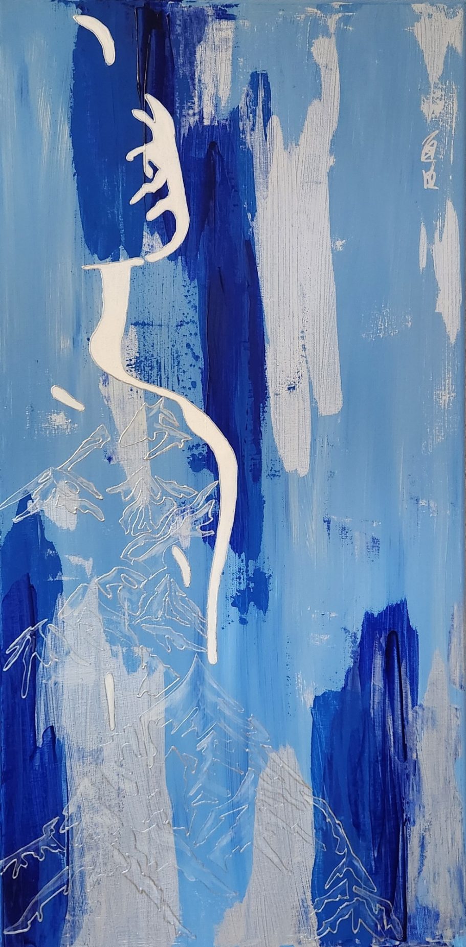 Solitude in Blue Abstrakte Darstellung einer Figur in Blau- und Grautönen mit weißem Kontur.