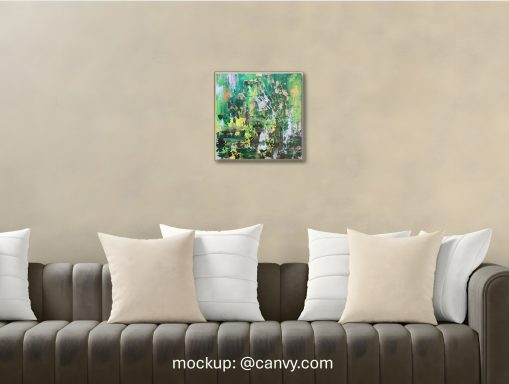 Sacred Green stilvolles Wohnzimmer mit einem abstrakten Acrylgemälde an der Wand