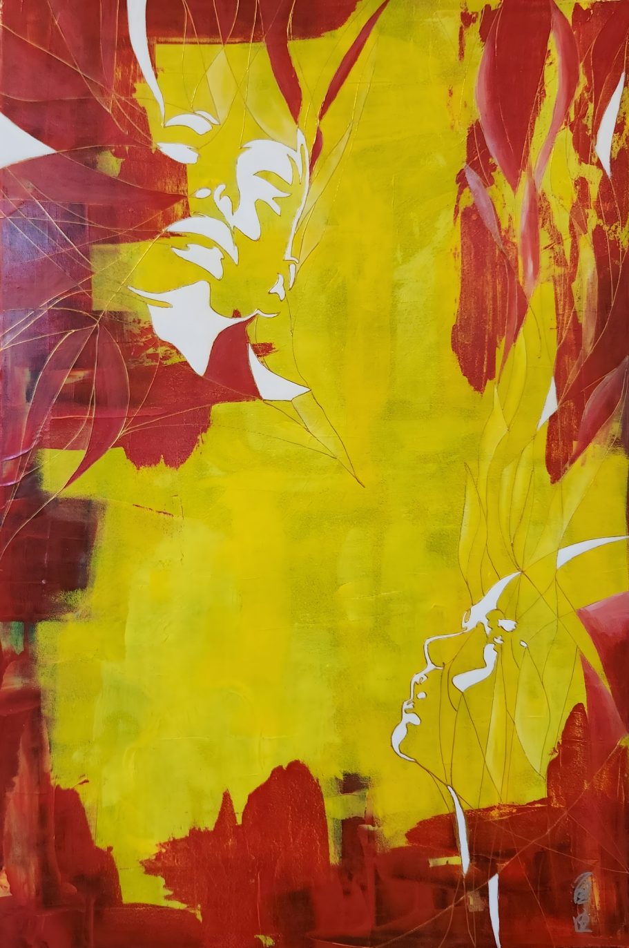 Upward Gaze Abstrakte Malerei mit roten und gelben Farbtönen und schemenhaften Gesichtern.