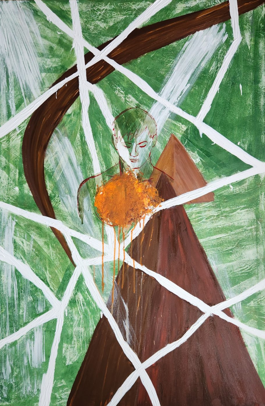 Fractured Strength Eine abstrakte Darstellung einer Figur mit orangefarbenem Oberteil vor grünem Hintergrund.