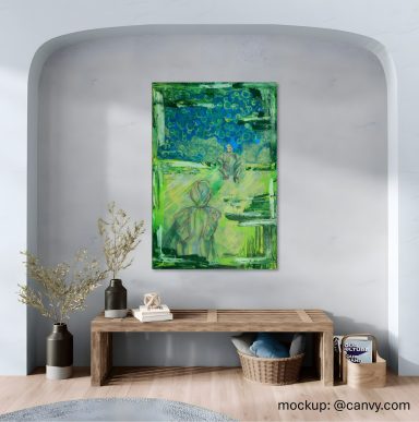 Heartbeat of Connection stilvolles Wohnzimmer mit einem abstrakten Acrylgemälde an der Wand