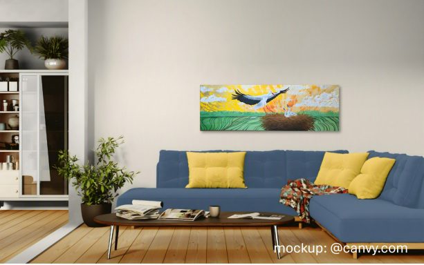 Nest of Freedom stilvolles Wohnzimmer mit einem abstrakten Acrylgemälde an der Wand