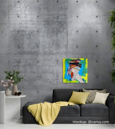Bound to create stilvolles Wohnzimmer mit einem abstrakten Acrylportrait an der Wand