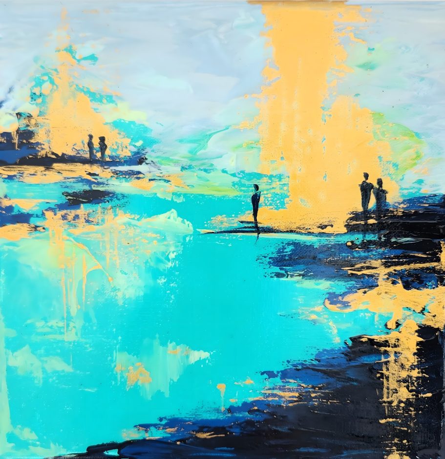 Open Horizonts IV Abstrakte Landschaft mit Menschen am Wasser, leuchtenden Farben und sanften Formen.