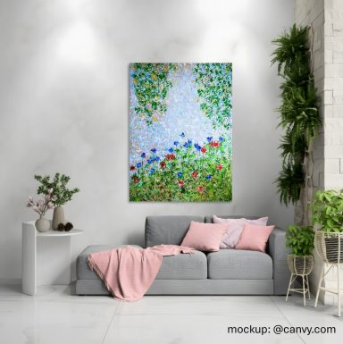 Sunlit Serenity stilvolles Wohnzimmer mit einem abstrakten Acrylgemälde an der Wand