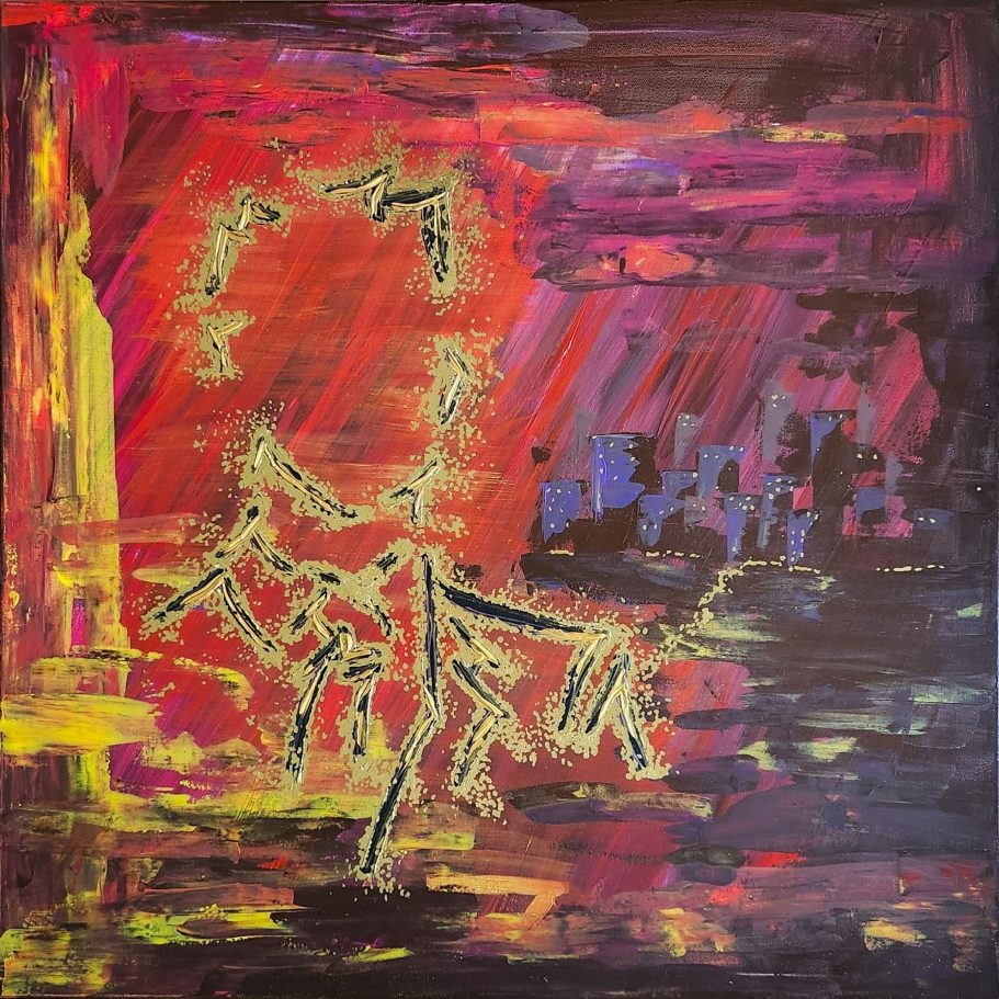 The Human Light Abstrakte Malerei mit kräftigen Farben und skizzenhaften Formen in rot, gelb und blau.