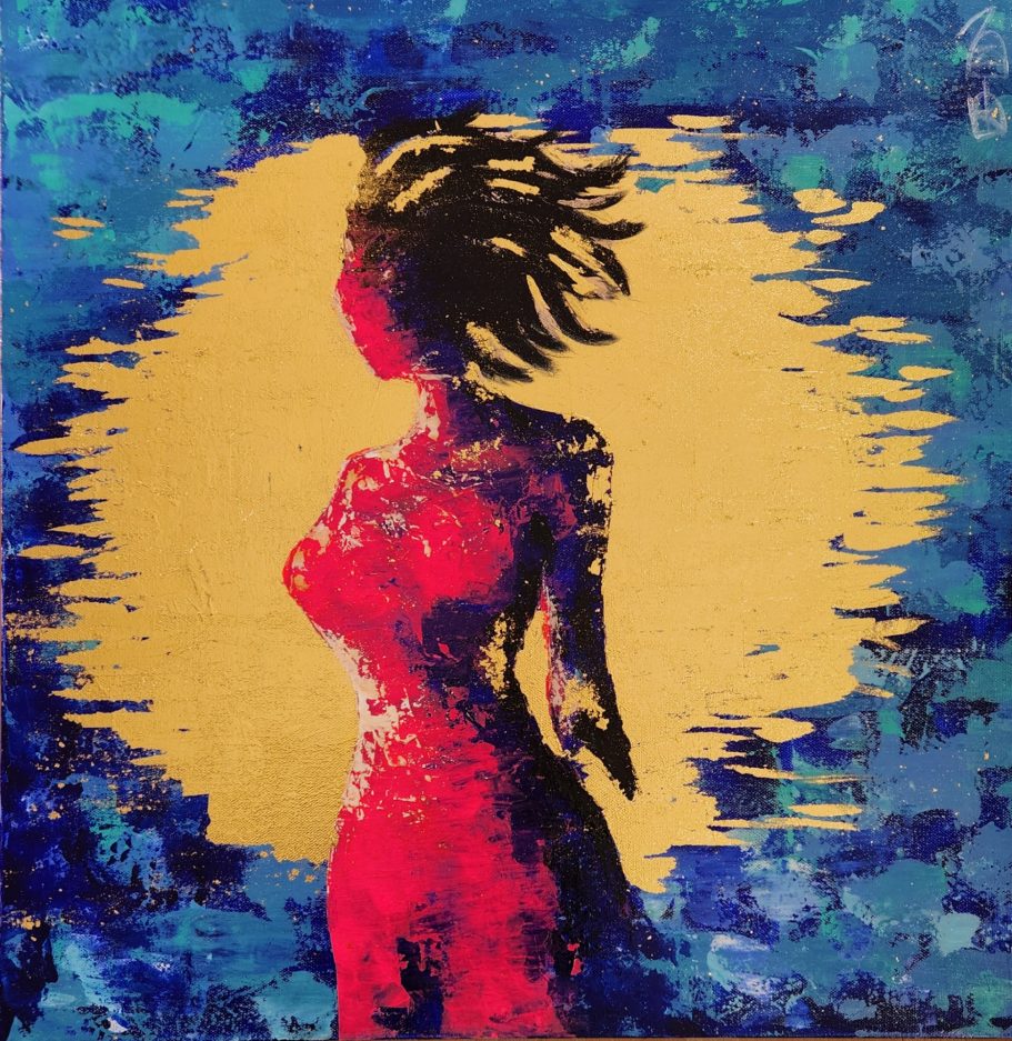 Sun Echo Silhouette einer Frau vor orangefarbenem Hintergrund mit blauem Farbschema.