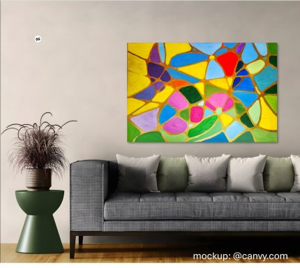 Spring Companions stilvolles Wohnzimmer mit einem abstrakten Acrylgemälde an der Wand