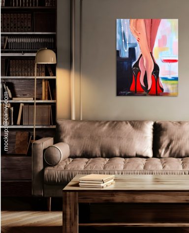 Velvet Anticipation stilvolles Wohnzimmer mit einem abstrakten Acrylgemälde an der Wand