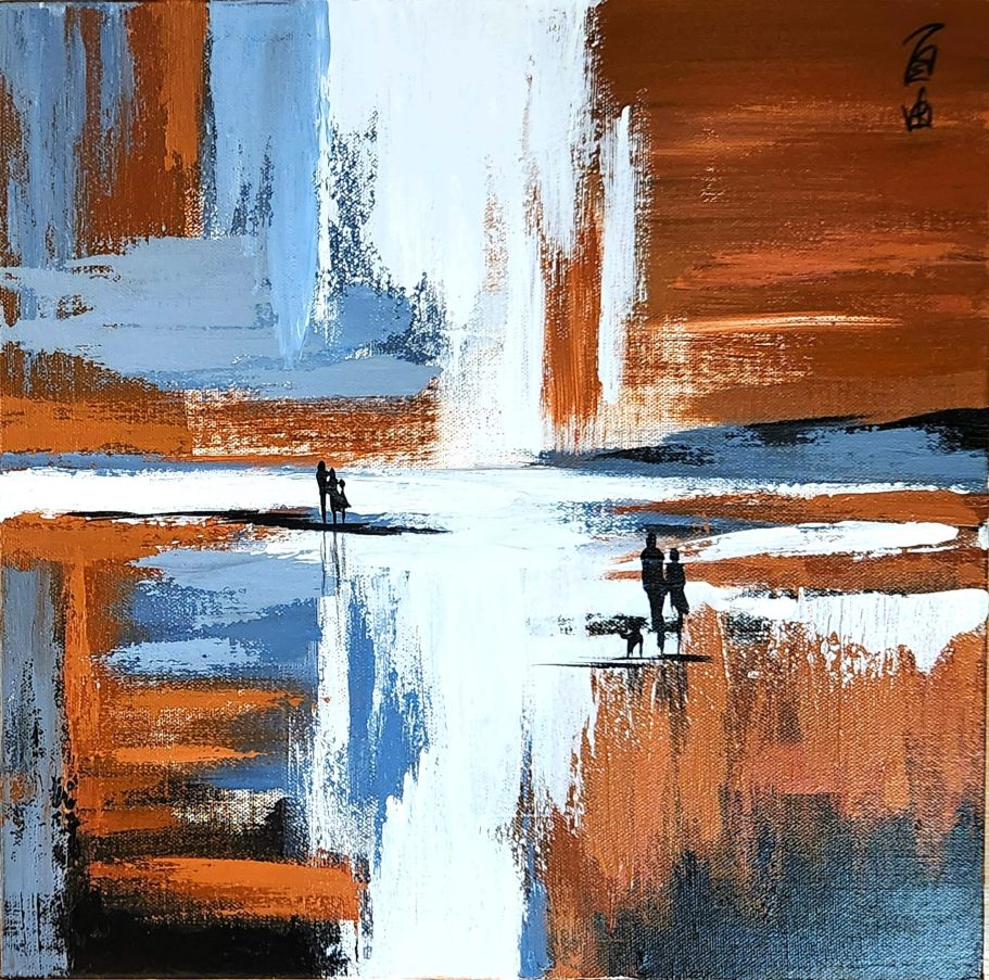 The Way Abstrakte Landschaft mit sanften Blautönen und Erdtönen, Figuren am Wasser.