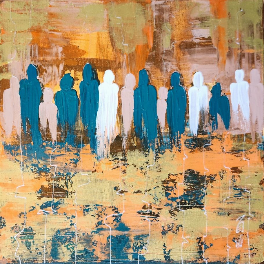 Us, Connected Farbenfrohes abstraktes Gemälde mit stilisierten menschlichen Silhouetten in Blau und Weiß.