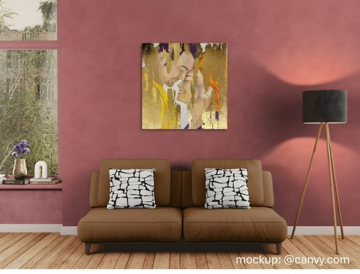 Eternal Accord stilvolles Wohnzimmer mit einem Portrait (Acrylgemälde) an der Wand