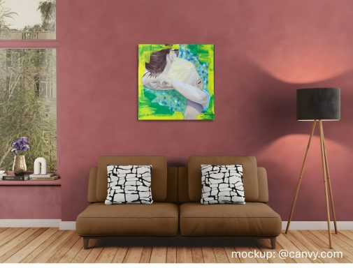 Where Peace begins stilvolles Wohnzimmer mit einem Portrait (Acrylgemälde) an der Wand
