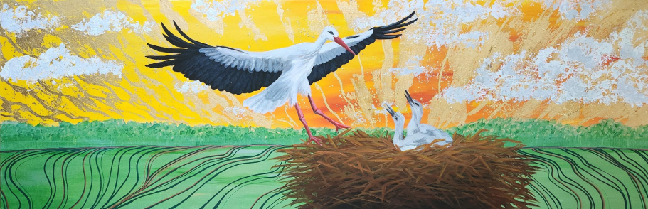 Nest of Freedom Ein Storch steht in seinem Nest auf einem Feld, umgeben von gelbem Himmel und Wolken.