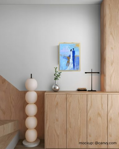 Side by Side stilvolles Wohnzimmer mit einem abstrakten Acrylgemälde an der Wand