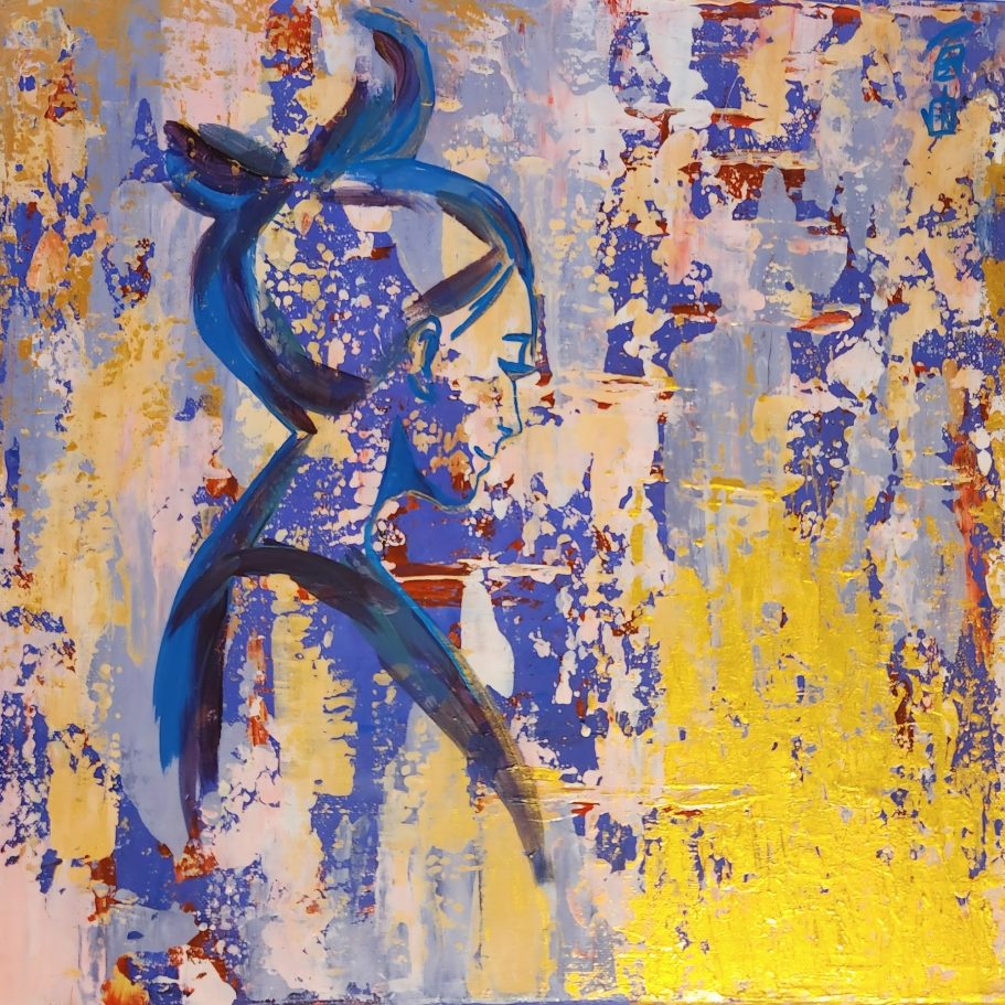 Child Abstraktes Acrylgemälde in Rot- und Violetttönen mit weiblicher Silhouette und goldenem Licht als Symbol für Mutter und inneres Kind.