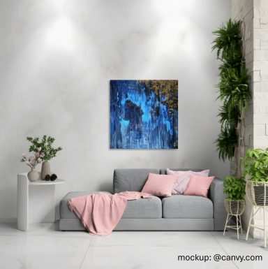 The Human Light stilvolles Wohnzimmer mit einem abstrakten Acrylgemälde an der Wand