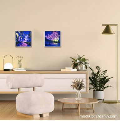 Crossing Between & Fading Crown stilvolles Wohnzimmer mit zwei abstrakten Acrylgemälden an der Wand