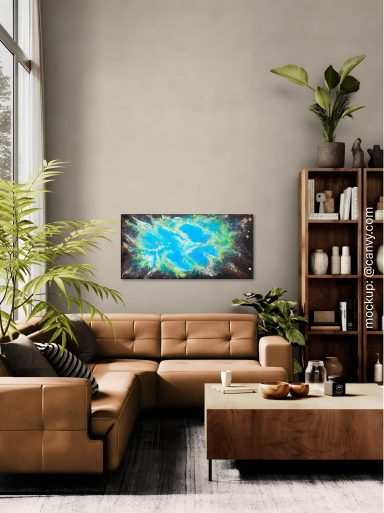 Inner Cosmos stilvolles Wohnzimmer mit einem abstrakten Acrylgemälde an der Wand